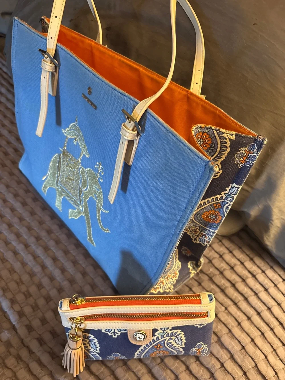 Spartina 449 Lg Canvas Tote & Clutch Yellow Elephant Print and Paisley